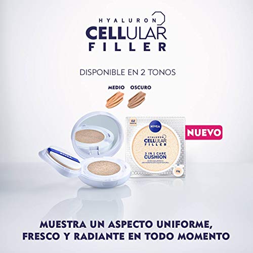 NIVEA Hyaluron Cellular Filler 3en1 Cushion Tono Medio (1 x 15 ml), cushion con pigmentos de color, cuidado facial antiedad con protección solar 15 para una piel radiante (84229)