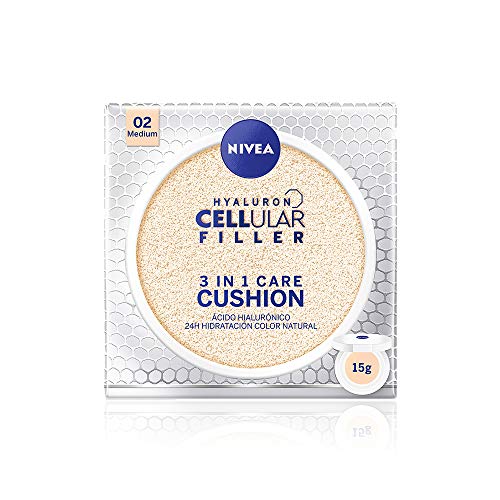 NIVEA Hyaluron Cellular Filler 3en1 Cushion Tono Medio (1 x 15 ml), cushion con pigmentos de color, cuidado facial antiedad con protección solar 15 para una piel radiante (84229)