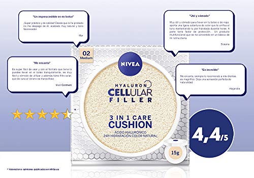 NIVEA Hyaluron Cellular Filler 3en1 Cushion Tono Medio (1 x 15 ml), cushion con pigmentos de color, cuidado facial antiedad con protección solar 15 para una piel radiante (84229)