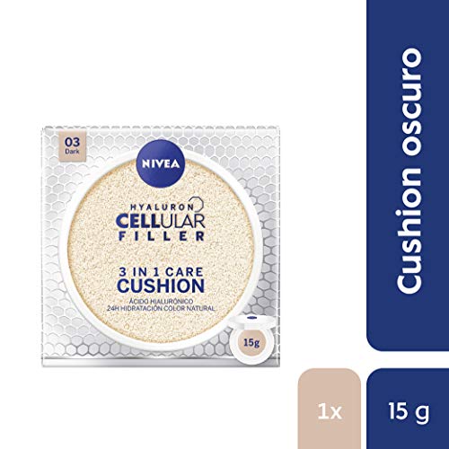 NIVEA Hyaluron Cellular Filler 3en1 Cushion Tono Oscuro (1 x 15 ml), cushion con pigmentos de color, cuidado facial con protección solar 15 para una piel radiante
