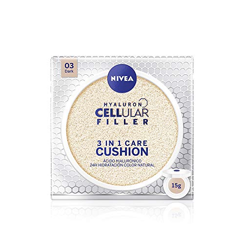 NIVEA Hyaluron Cellular Filler 3en1 Cushion Tono Oscuro (1 x 15 ml), cushion con pigmentos de color, cuidado facial con protección solar 15 para una piel radiante