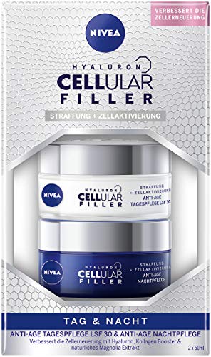 Nivea Hyaluron Cellular Filler Anti-Age día & Noche Set (2 x 50 ml), Set con cuidado de día FPS 30 & Noche, cuidado facial con hialurónico, colágeno Booster y extracto de magnolia