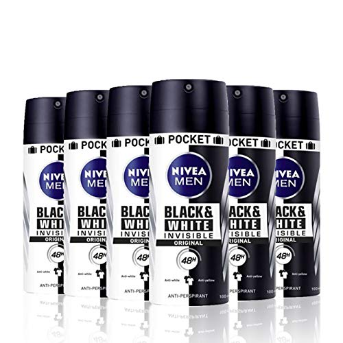 NIVEA MEN Black & White Invisible Spray Pocket, desodorante antimanchas con protección 48 h, desodorante antitranspirante para cuidado masculino - pack de 6 x 100 ml