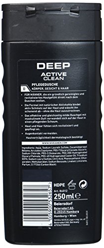 Nivea Men Cuidado ducha con carbón activo para hombres, para cuerpo, cara & pelo, Deep, 6 pack (6 x 250 ml)
