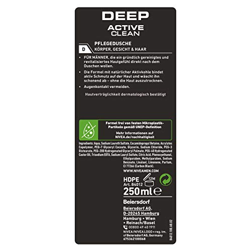 Nivea Men Deep Active Clean - Gel de ducha (250 ml), gel de ducha revitalizante con carbón activo, con pH hipoalergénico para cuerpo, cara y cabello