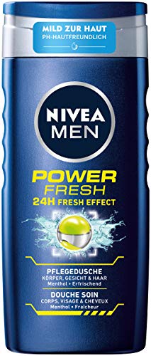 Nivea Men Power Fresh - Gel de ducha (250 ml), gel de ducha revitalizante con mentol y menta acuática, con pH hipoalergénico para cuerpo, cara y cabello