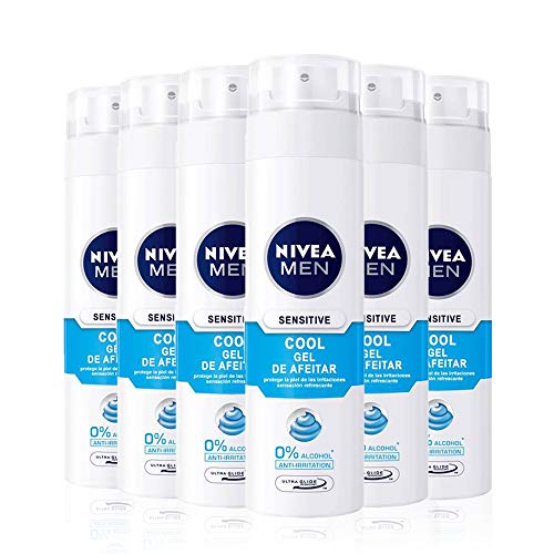 NIVEA MEN Sensitive Cool Gel de Afeitar, gel refrescante con 0% alcohol, gel de afeitado para una máxima protección de la piel sensible - pack de 6 6 x 200 ml