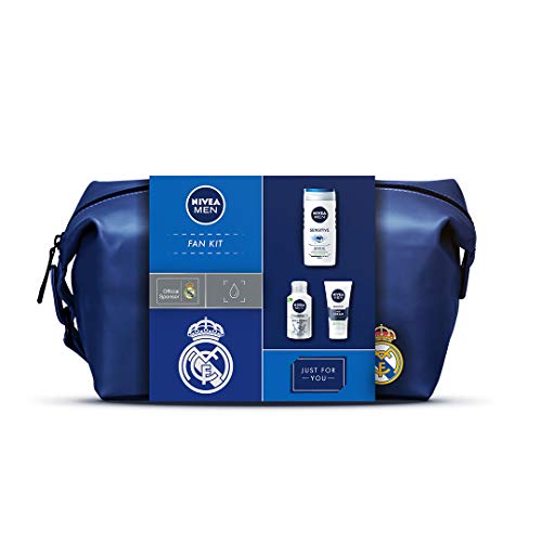 NIVEA MEN x Real Madrid para todos los fanáticos del fútbol, ​​incluyendo los productos NIVEA MEN Sensitive Hidratante Protector 75ml, Bálsamo Piel&Barba 125ml, Gel de Ducha 250ml y un neceser gratis