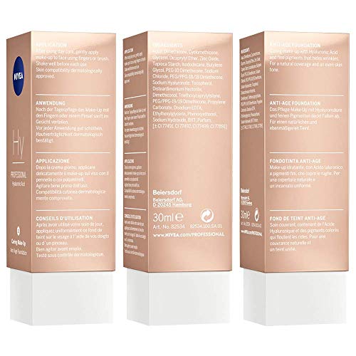 NIVEA PROFESSIONAL Ácido hialurónico, base de maquillaje profesional, 10C, pieles claras, maquillaje antiedad para reducir las arrugas, base para maquillaje con triple efecto antiedad, 1 x 30 ml