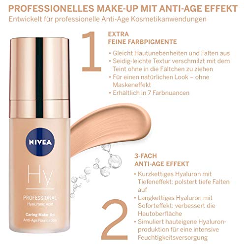 NIVEA PROFESSIONAL Ácido hialurónico, base de maquillaje profesional, 20C, pieles claras, maquillaje antiedad para reducir las arrugas, base para maquillaje con triple efecto antiedad, 1 x 30 ml