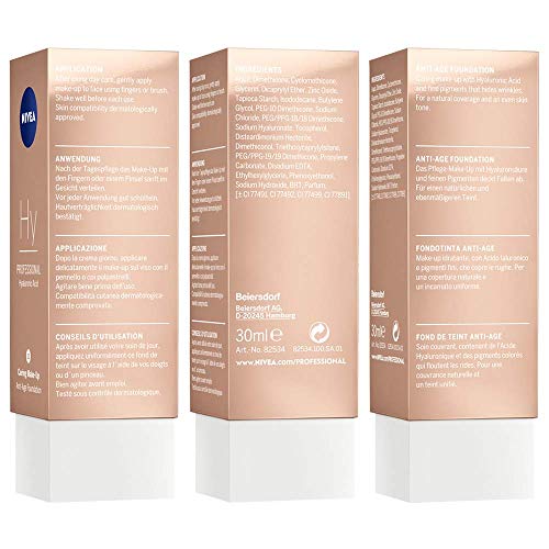 NIVEA PROFESSIONAL Ácido hialurónico, base de maquillaje profesional, 20C, pieles claras, maquillaje antiedad para reducir las arrugas, base para maquillaje con triple efecto antiedad, 1 x 30 ml