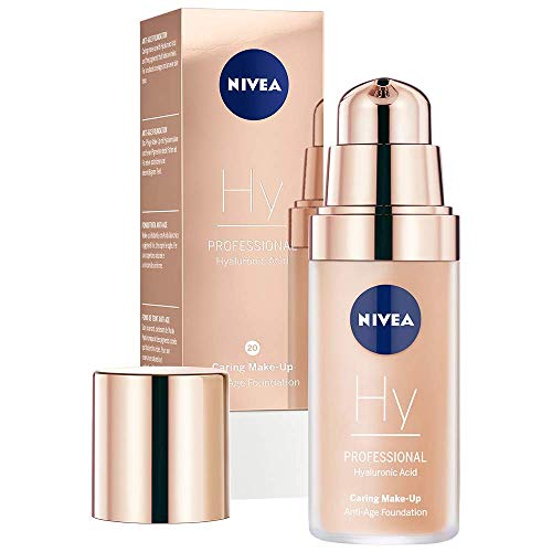 NIVEA PROFESSIONAL Ácido hialurónico, base de maquillaje profesional, 20C, pieles claras, maquillaje antiedad para reducir las arrugas, base para maquillaje con triple efecto antiedad, 1 x 30 ml