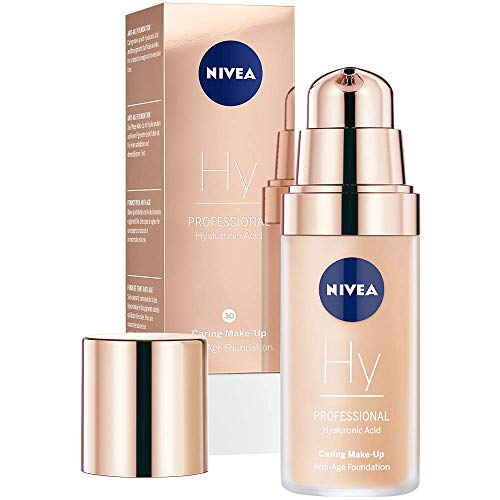 NIVEA PROFESSIONAL Ácido hialurónico, base de maquillaje profesional, 30W, pieles oscuras, maquillaje antiedad para reducir las arrugas, base para maquillaje con triple efecto antiedad, 1 x 30 ml