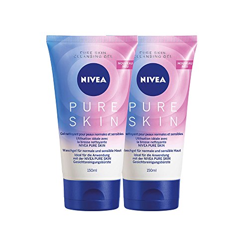 NIVEA Pure Skin Gel limpiador facial (2 x 150 ml), gel facial limpiador para usar con el cepillo eléctrico facial, para pieles normales y sensibles