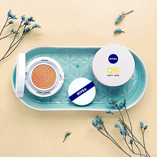 NIVEA Q10 3en1 Cushion, Perfeccionador Facial Hidratante y Antiedad con Protector Facial, Tono 02 Medio - 15 gr