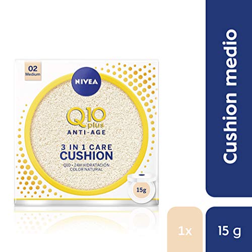 NIVEA Q10 3en1 Cushion, Perfeccionador Facial Hidratante y Antiedad con Protector Facial, Tono 02 Medio - 15 gr