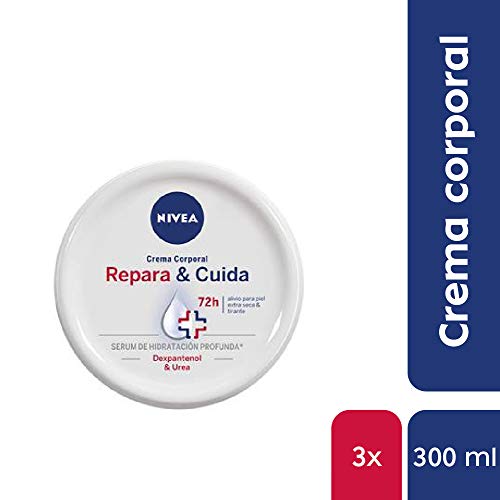 NIVEA Repara & Cuida Crema Corporal en pack de 3 (3 x 300 ml), 72 horas alivio para el cuidado de la piel muy seca, crema hidratante con sérum, crema reparadora