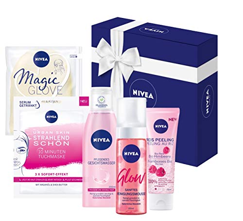NIVEA set de limpieza facial para mujeres, Spa en casa con mousse de limpieza facial (150ml), exfoliante de arroz (75ml), mascara de tejido, tónico para piel seca (200ml) y guante reutilizable