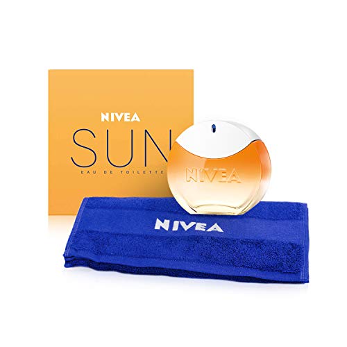 NIVEA SUN EdT Eau de Toilette (1 x 30 ml) con el original aroma de la crema solar NIVEA SUN, perfume para mujer en un icónico frasco de perfume, y Toalla NIVEA incluida