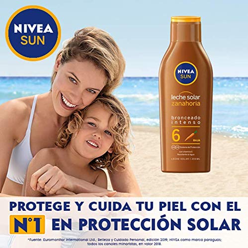 NIVEA SUN Leche Solar Zanahoria FP 6 (1 x 200 ml), protección solar para un bronceado bonito y duradero, protector solar hidratante resistente al agua