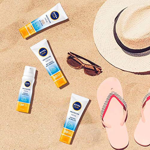 NIVEA SUN Protección Facial UV Mousse Hidratante FP50+ (1 x 75 ml), crema solar facial, protección solar muy alta, 0% residuos blancos sobre la piel, blanco