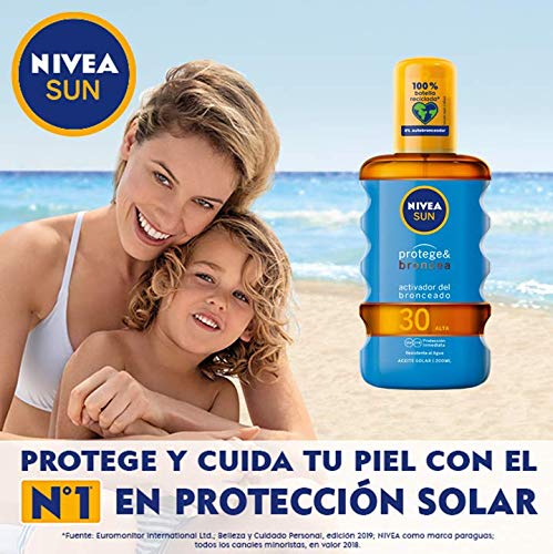 NIVEA SUN Protege & Broncea Aceite Solar FP30 (1 x 200 ml), activador del bronceado, protección solar alta resistente al agua con 0% autobronceador