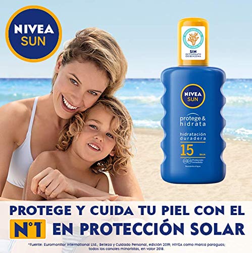 NIVEA SUN Protege & Hidrata Spray Solar FP15 (1 x 200 ml), protector hidratante y resistente al agua con protección UVA/UVB, protección solar media