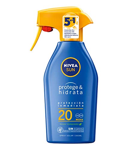 NIVEA SUN Protege & Hidrata Spray Solar FP20 (1 x 300 ml), protector hidratante y resistente al agua con protección UVA/UVB, protección solar media en formato pistola
