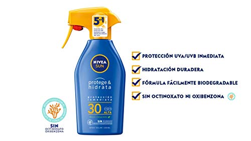 NIVEA SUN Protege & Hidrata Spray Solar FP30 (1 x 300 ml), protector hidratante y resistente al agua con protección UVA/UVB, protección solar alta en formato pistola