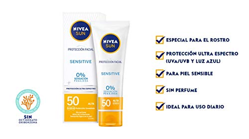 NIVEA SUN Sensitive Protección Facial FP 50 (1 x 50 ml), protector solar facial para piel sensible, crema sin perfume con 0% sensación pegajosa