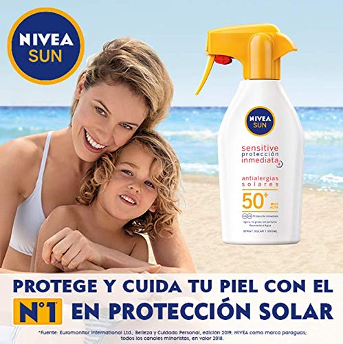 NIVEA SUN Sensitive Protección Inmediata Antialergias Solares Spray Pistola Solar FP 50+ (1 x 300 ml), spray solar resistente al agua, protector solar para piel sensible