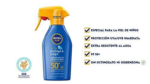Nivea Sun Spray Solar Niños Protege Juega FP50+ (1 x 300 ml) pistola spray solar hidratante resistente al agua, protector solar infantil, protección solar muy alta