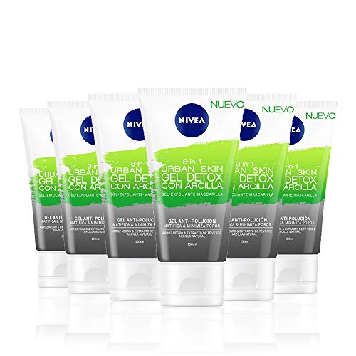 NIVEA Urban Skin Gel Detox con Arcilla 3 en 1 en pack de 6 (6 x 150 ml), gel limpiador facial, exfoliante facial, mascarilla facial antipolución