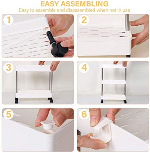 Nivel 3 Delgado almacenamiento móvil del carro Estantería Organizador deslizable almacenamiento torre rodante Carro utilitario de Cocina Baño Lavado lugares angostos, plástico y acero inoxidable, blan