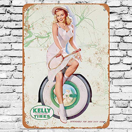 No/Brand 1955 Kelly Springfield Tires Pinup Cartel de Chapa Metal Advertencia Placa de Chapa de Hierro Retro Cartel Vintage para Dormitorio Pared Familiar Aluminio Arte Decoración