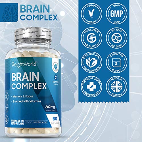 Nootrópico Natural Brain Complex 60 Cápsulas | Suplemento Para el Cerebro, Complejo Multivitaminas y Minerales Con Tirosina, Teanina, Taurina, Para Concentración y Memoria Reduce Cansancio y Fatiga