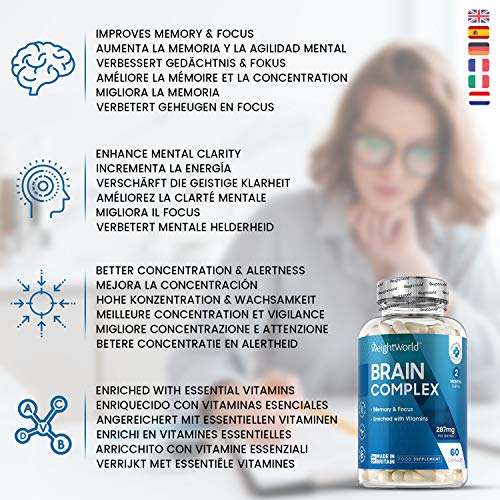 Nootrópico Natural Brain Complex 60 Cápsulas | Suplemento Para el Cerebro, Complejo Multivitaminas y Minerales Con Tirosina, Teanina, Taurina, Para Concentración y Memoria Reduce Cansancio y Fatiga