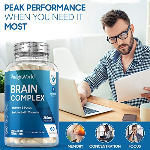 Nootrópico Natural Brain Complex 60 Cápsulas | Suplemento Para el Cerebro, Complejo Multivitaminas y Minerales Con Tirosina, Teanina, Taurina, Para Concentración y Memoria Reduce Cansancio y Fatiga