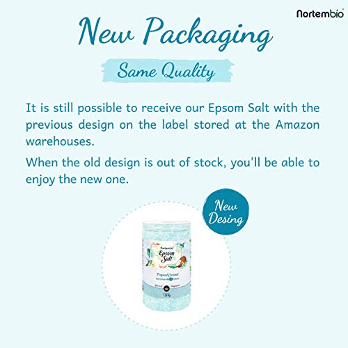 Nortembio Sal de Epsom 1,25 Kg. Novedosa Fragancia de Coco Tropical. Hidratada con Vitamina C y E. Sales de Baño y Cuidado Personal. E-Book incluido.