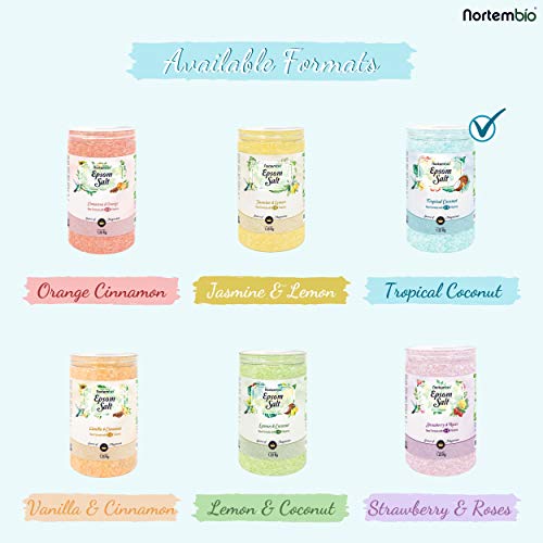 Nortembio Sal de Epsom 1,25 Kg. Novedosa Fragancia de Coco Tropical. Hidratada con Vitamina C y E. Sales de Baño y Cuidado Personal. E-Book incluido.