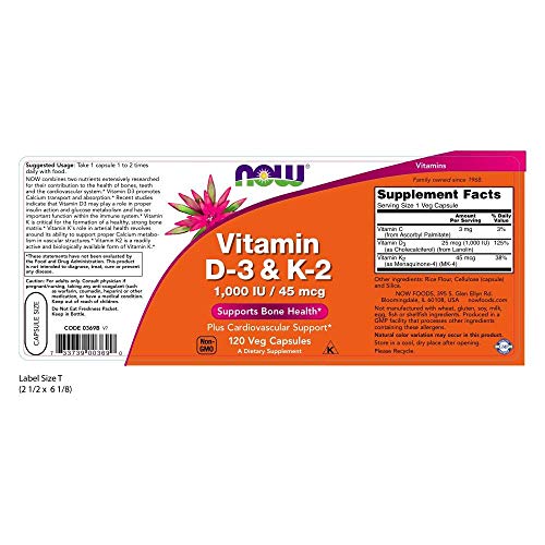 Now Foods Vitamin D3 & K2-1000IU 45mcg Standard - 120 Cápsulas