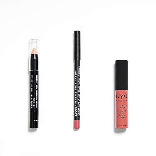 NYX Professional Makeup Kit de maquillaje de labios Cannes, Pintalabios Soft matte Lip Cream, Perfilador Suede Matte Lip Liner, Prebase Lip Primer, Set de 3 productos
