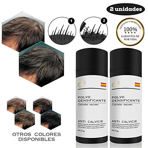 O³ Fibras Capilares Castaño Oscuro 2 Unidades - Keratin Fibers Castaño Oscuro 100% Natural para Disimular Calvicie y Aumentar el volumen. Maquillaje Capilar por hombres y mujeres - 27,5 g Neto x 2