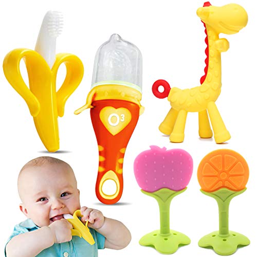 O³ Mordedor Bebe Refrigerante -5 Juguetes Bebes- Mordedor Bebes Congelador Fruta +Cepillo Dientes Bebe + Chupete Fruta Bebe-Alivian Dolor Encías