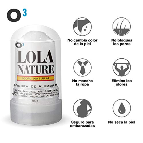 O³ Piedra de Alumbre Desodorante - 3 Unidades de 60g -100% Natural - sin Aluminio - sin Parabenos - Desodorante Natural Hombre y Mujer