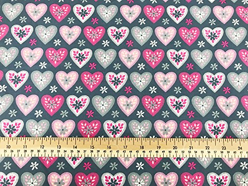 Oddies 100% Tela Popelina de Algodón - Rosa y Gris Amor Corazones 112cm Ancho - por Metros - 130gsm