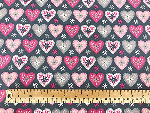 Oddies 100% Tela Popelina de Algodón - Rosa y Gris Amor Corazones 112cm Ancho - por Metros - 130gsm