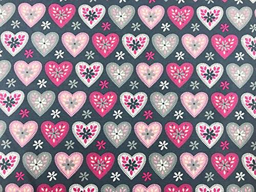Oddies 100% Tela Popelina de Algodón - Rosa y Gris Amor Corazones 112cm Ancho - por Metros - 130gsm
