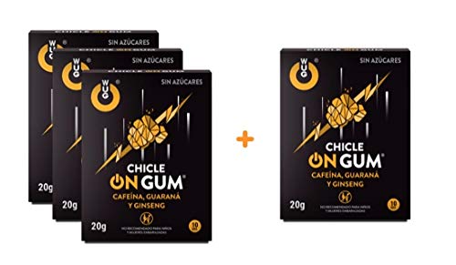 OFERTA 3+1 WUG CHICLE ON GUM - Chicle Ideal para Deportes Extremos, Cafeína, Guaraná, Ginseng, Sabor Menta, Pack 4 cajas (4 x 10 uds)