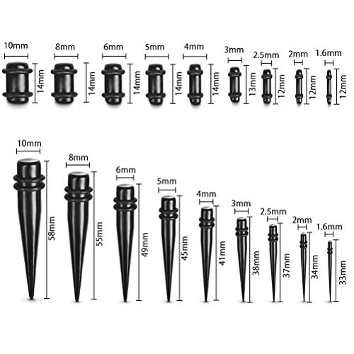 OFNMY - Juego completo de 36 piezas de dilatadores de oreja de acrílico para pendientes y tapones de túnel negro con doble anilla para piercing de joyería – 1,6 mm – 10 mm / 14 G – 00 G